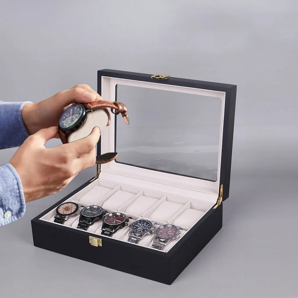 10 Slot Watch Display Box, Glass Top, Black Wood Case