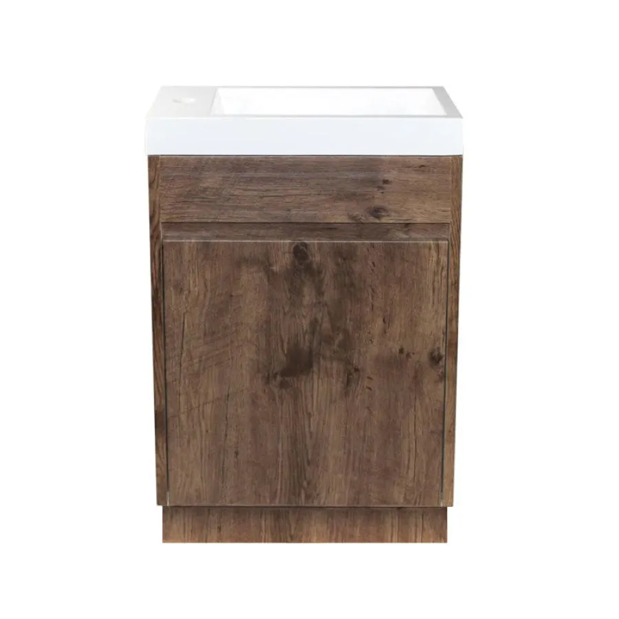 500x250x940mm Mini Bathroom Vanity Dark Oak Wood Grain Cabinet Ceramic Top Kickboard Freestanding PVC Filmed