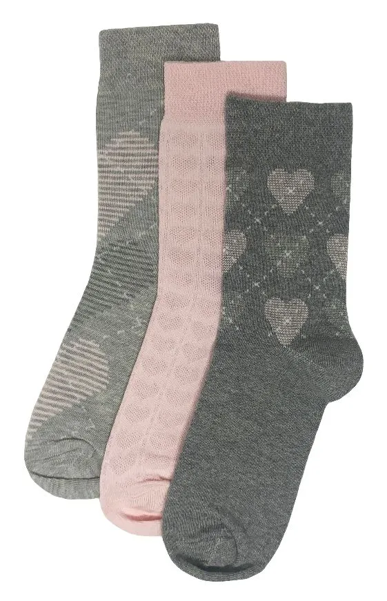 Flexitop Socks 3 Pack Bamboo Socks - Grey Pink and Light Grey Hearts