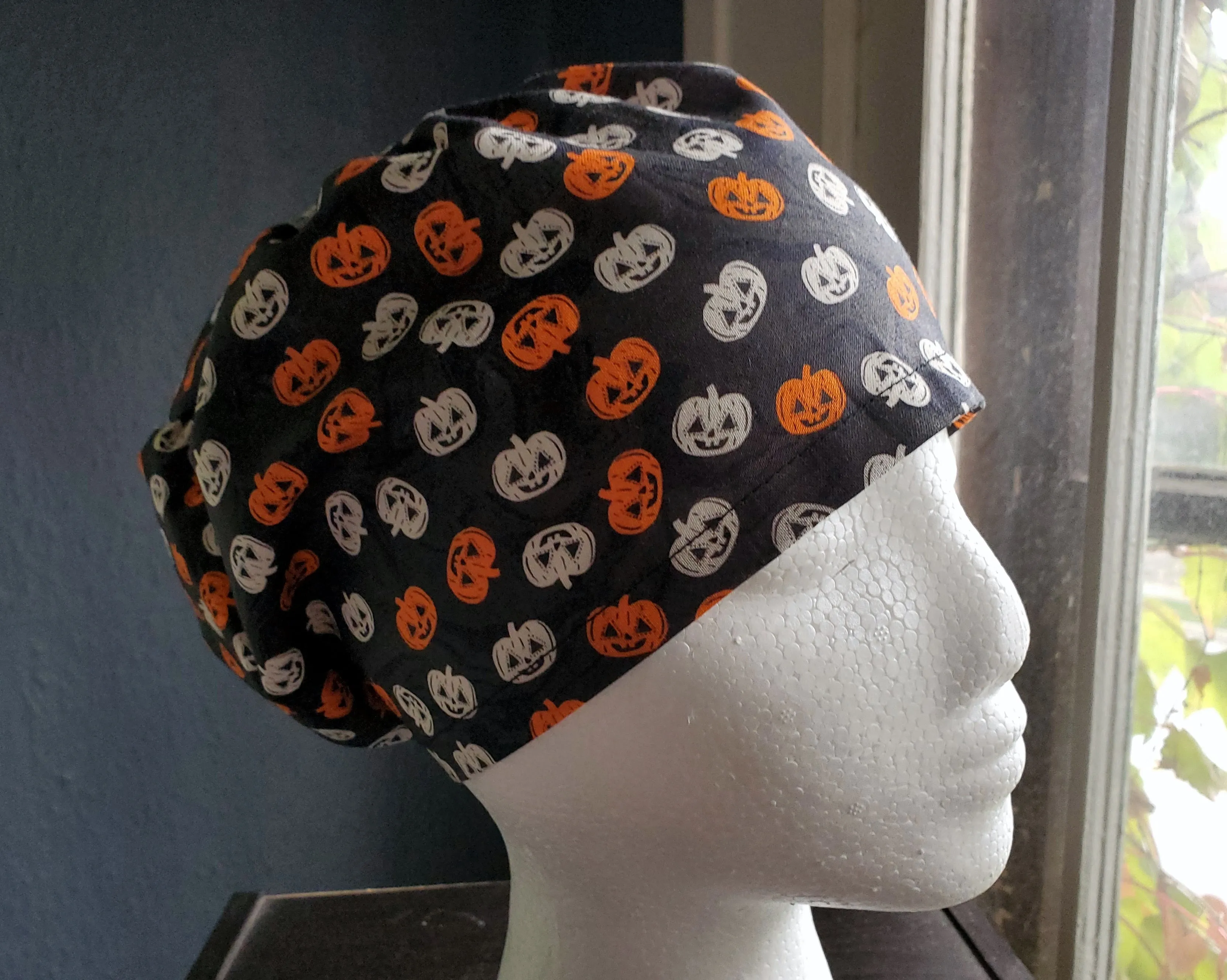 Pumpkins Halloween Scrub Cap, Surgical Cap. Jessica Style with elastic. Covers long hair. Ready to Ship.