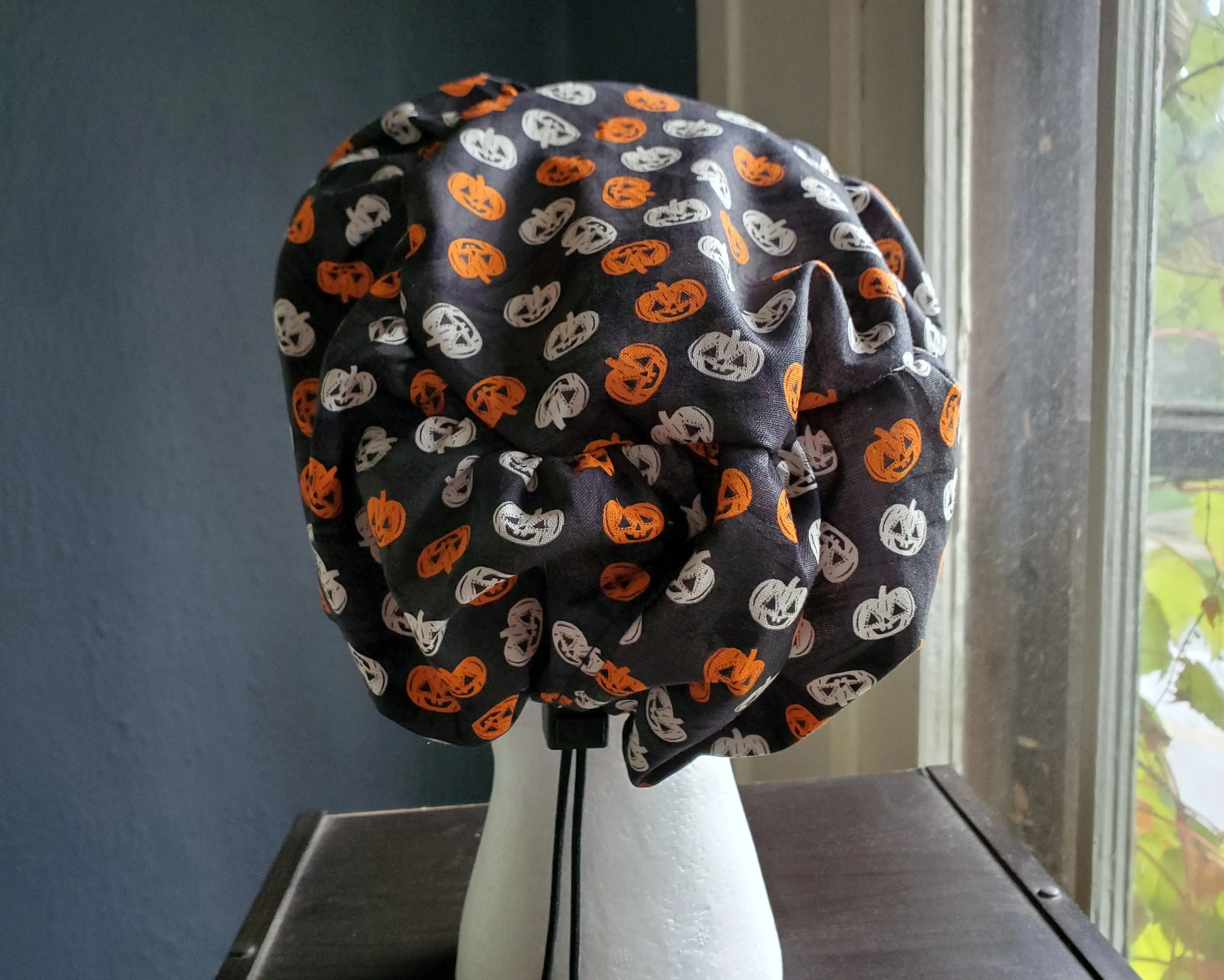 Pumpkins Halloween Scrub Cap, Surgical Cap. Jessica Style with elastic. Covers long hair. Ready to Ship.