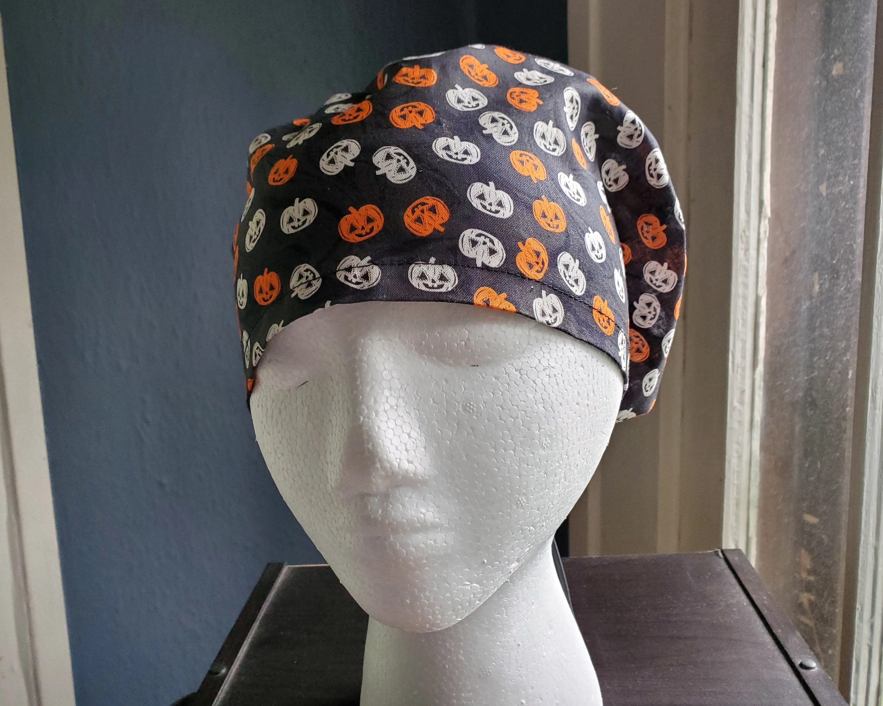 Pumpkins Halloween Scrub Cap, Surgical Cap. Jessica Style with elastic. Covers long hair. Ready to Ship.